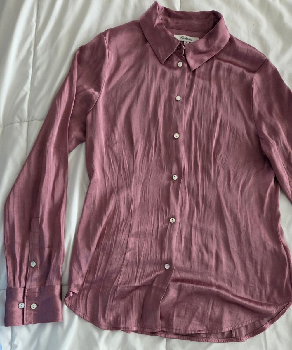 Madewell Size 4 Darted Button-Up Shirt Satin Rose Pink Blouse NN947 Long Sleeve